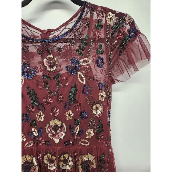 Gianni Bini Women's Wendy Burgundy Sequin Mesh Embroidered Floral Dress, Size 0 - Picture 5 of 14